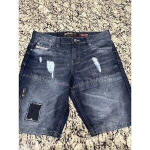 Ecko Unltd Shorts Mens 34 Blue Relaxed Denim Jean Distressed Patch Work Moto Mid